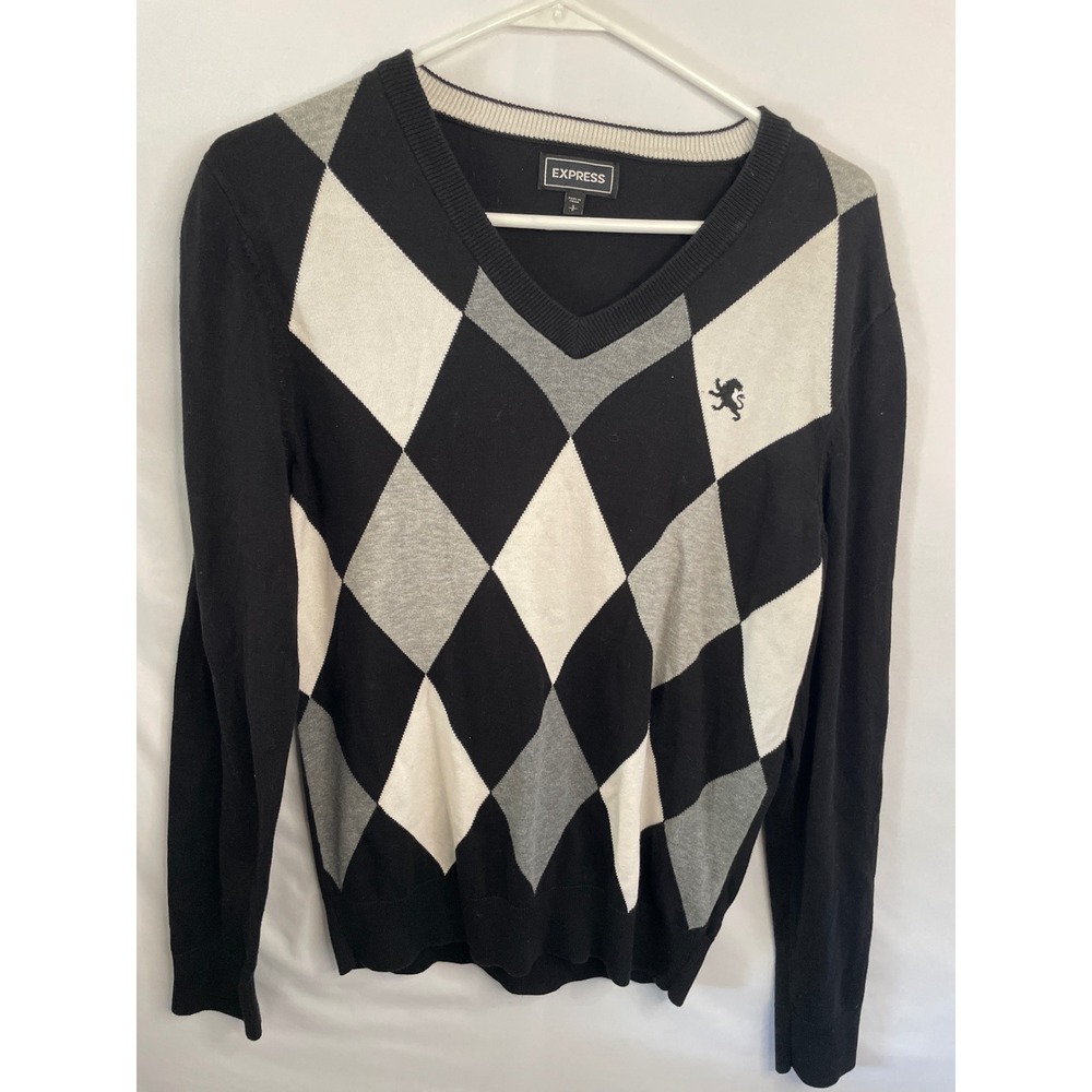 Express Womens Argyle V-Neck Sweater Black Grey White Lion Logo Size S